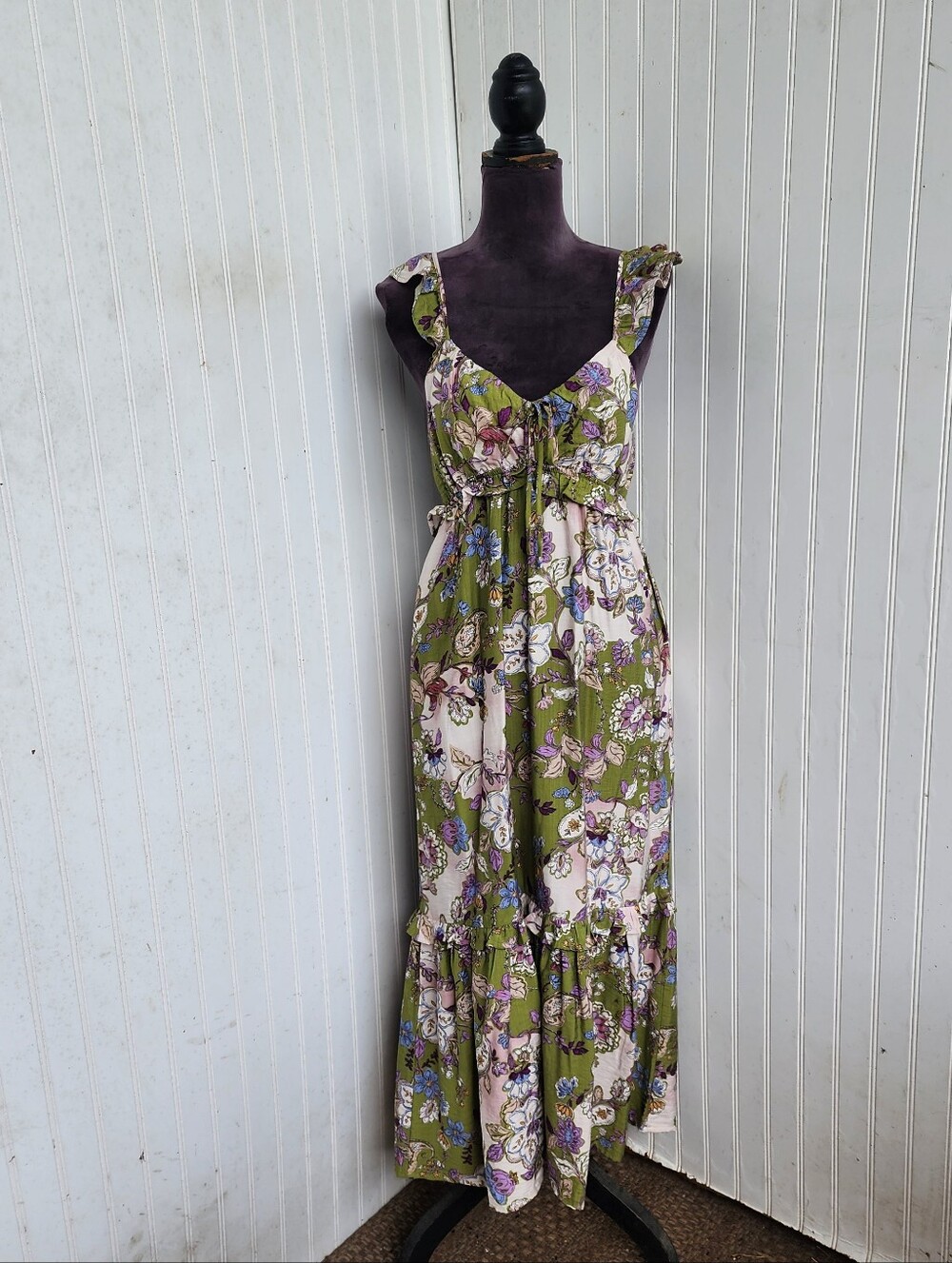 Monteau Los Angeles Women's Maxi Dress Floral Print Green Rayon Nylon Sz S - Picture 2 of 16